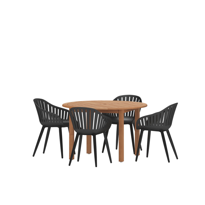 Anautica Round 4 - Person 47'' Teak Finish Outdoor Furniture Dining Set, Black
