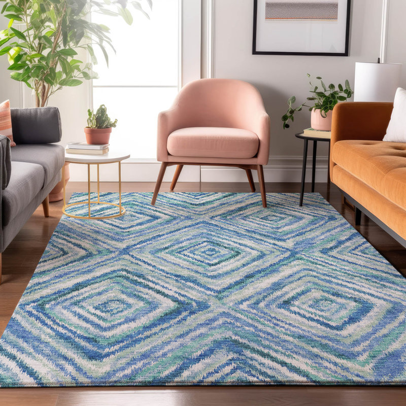 Tapis bleu Prisco lavable à la machine de qualité supérieure, Rectangulaire 3 pi x 5 pi