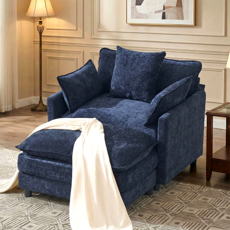 Fauteuil d'appoint surdimensionné en chenille avec repose-pieds, Bleu