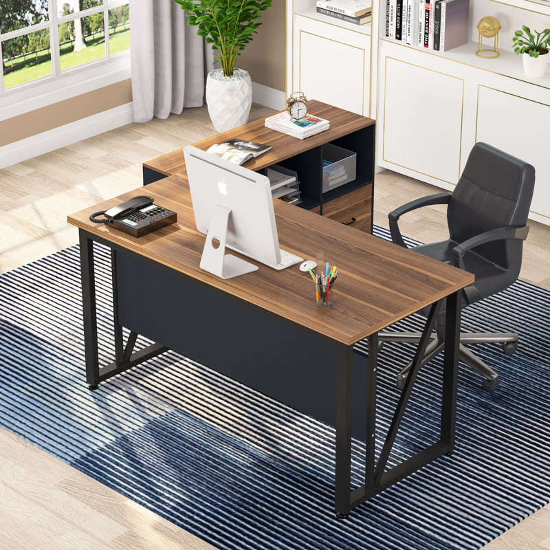 Dineke L-Shape Executive Desk with Cabinet Credenza, Brown/Black, 29.92" H x 55.12" W x 23.62" D