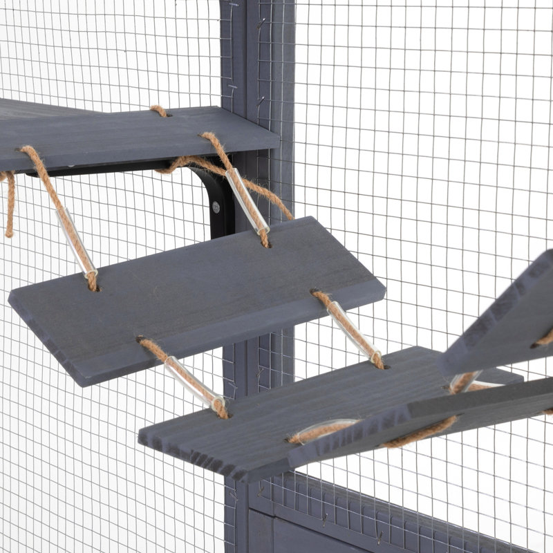 Grey Wooden Cat Enclosure With 6 Jumping Platforms, 2 Condos, Bridge And Scratching Panel Decks, Board