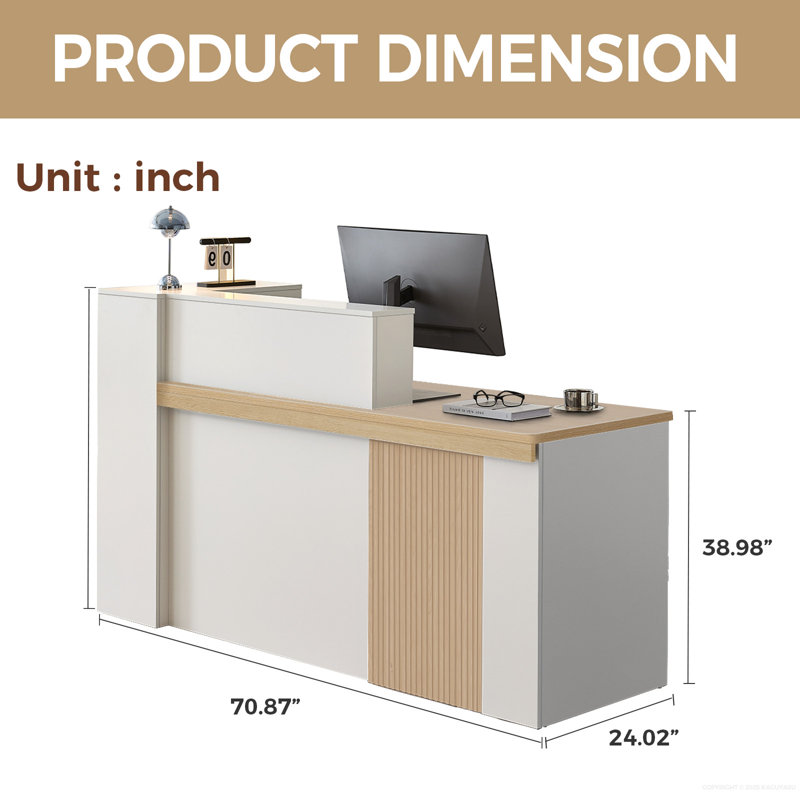 Bureau de réception moderne et ergonomique avec rangement ouvert et éclairage DEL