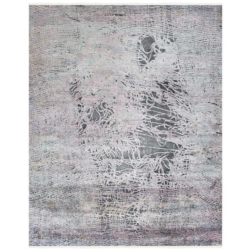 Tapis rectangulaire en laine / viscose noué à la main gris anthracite / rose clair, Rectangle 8 pi x 10 pi