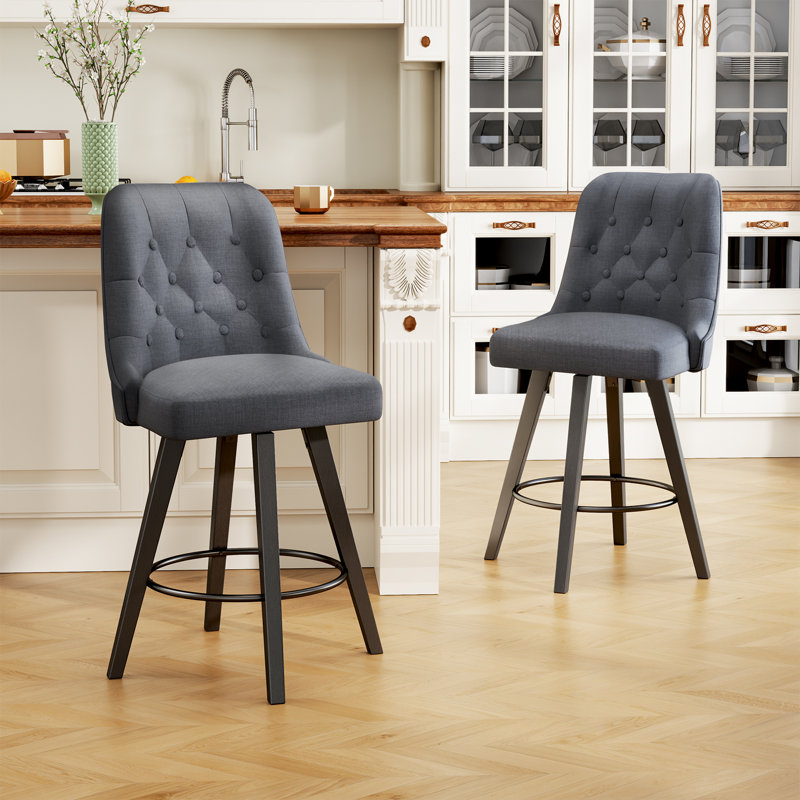 Swivel Bar Stools, 26'' Upholstered Counter Stool with Solid Wood Frame, Grey