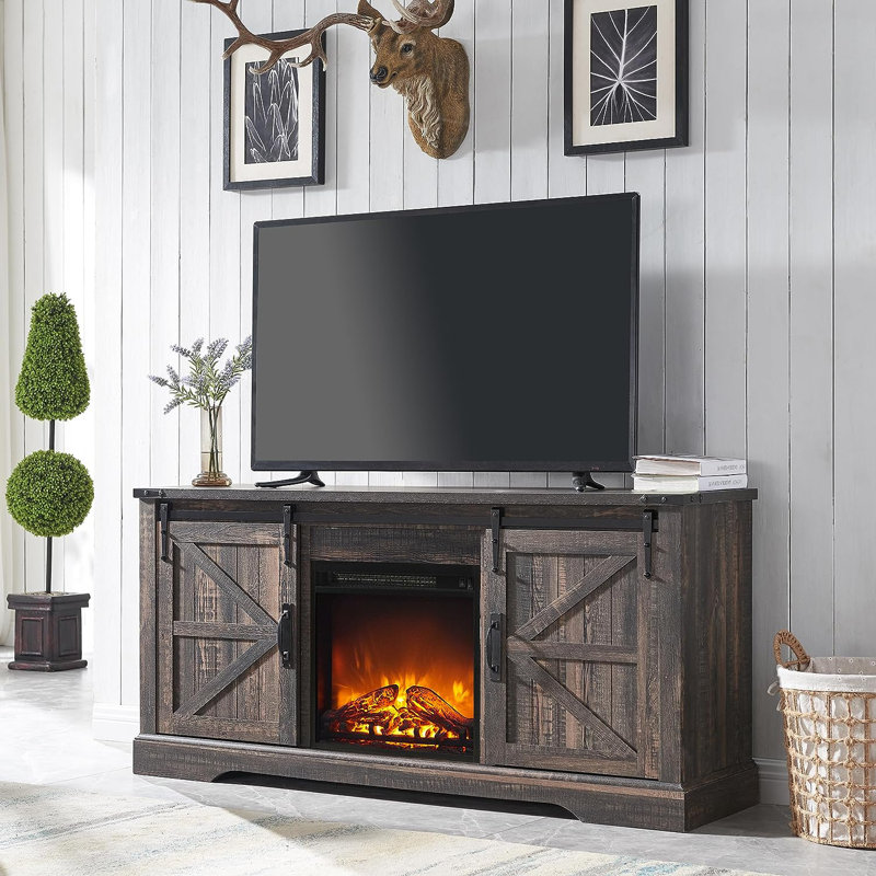 Dark Rustic Oak 58" Farmhouse TV Stand with Electric Fireplace