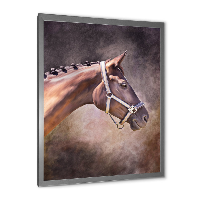 Portrait de cheval brun - Photographie sur toile, Encadrement argenté, H 32 po x l 16 po x P 1 po