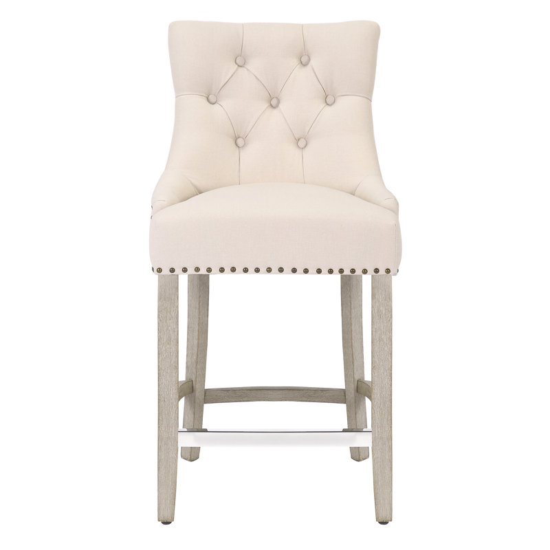 Linen Fabric Tufted Upholstered Counter Stool, Counter Stool (24” Seat Height), Beige Linen/Antique Gray Frame