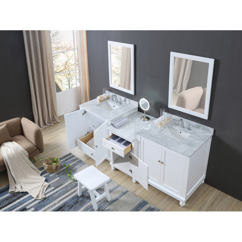 Ensemble de meuble-lavabo double 83 po avec miroir Byrne, Marbre de Carrare blanc