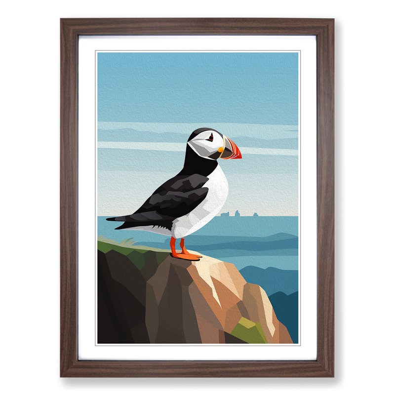 Puffin Minimalism - Single Picture Frame Print on Wood, Walnut, 64cm H x 46cm W x 2cm D