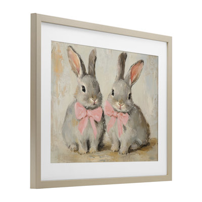 Bunnies in Pink Bows Framed Print Under Glass, design by Petal Prints Design
