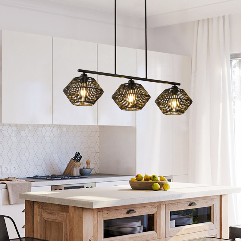Luminaire suspendu réglable en fer avec 3 cordes en papier noir mat