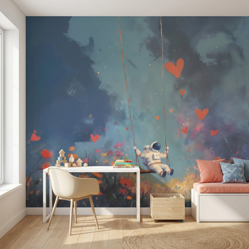 Murale astronaute avec fleurs pivotantes, Non-collé, L: 112 po x H: 72 po