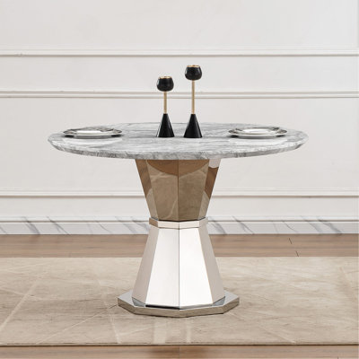 47" Round Marble Dining Table, Modern Kitchen Table With High Gloss Faux Marble Tabletop And Stainless Steel Base For Dining Room, Kitchen by Mercer41