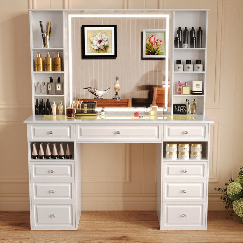 Ensemble de coiffeuse blanche de style européen avec très grand miroir éclairé, coiffeuse en verre avec 9 tiroirs, coiffeuse avec banc de rangement, luminosité réglable - idéale pour la chambre à coucher