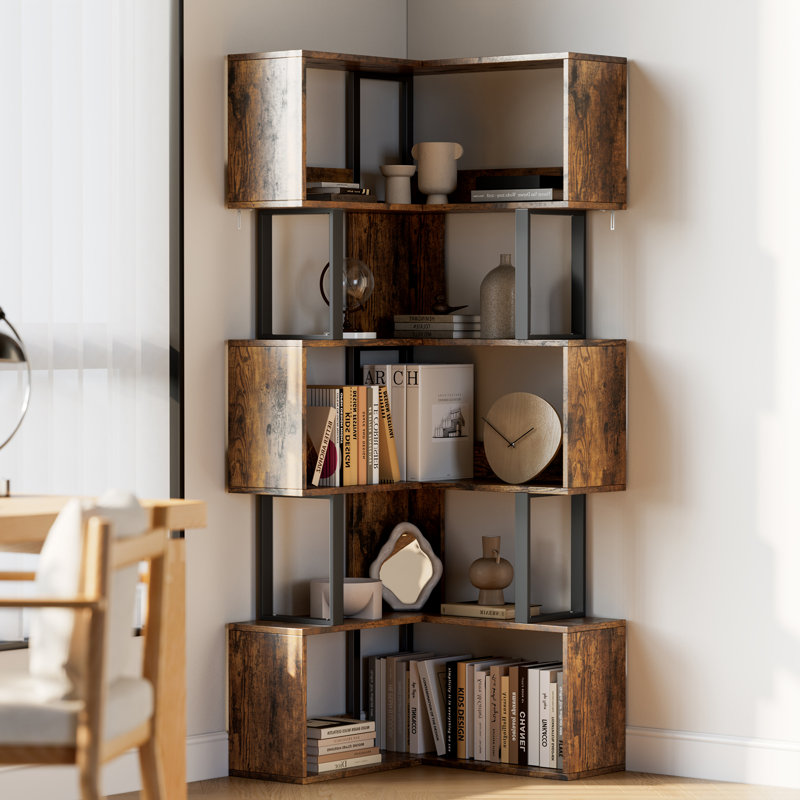 Space-Saving L-Shaped 6-Tier Corner Bookshelf, Brown
