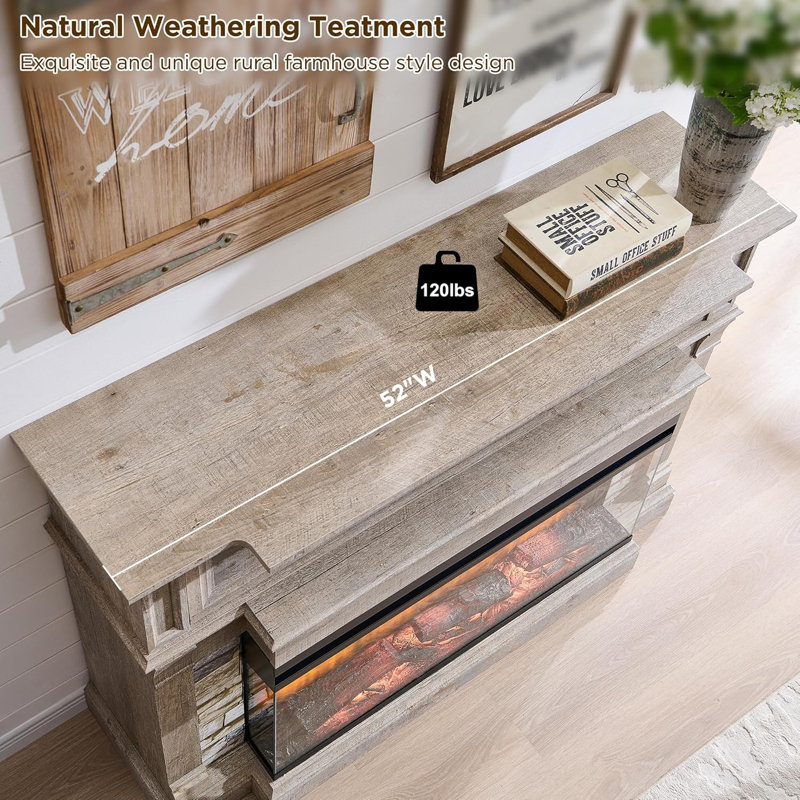 52" Tv Stand With Electric Fireplace With 3-Sided Glass, Light Rustic Oak
