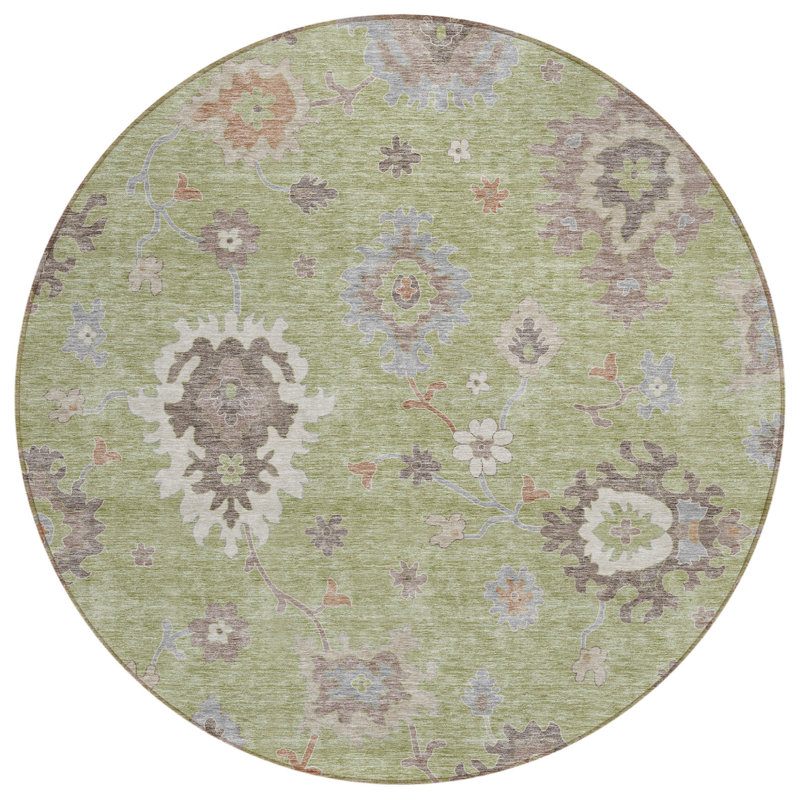 Tapis d'intérieur rond lavable floral 8 pi beige artichaut