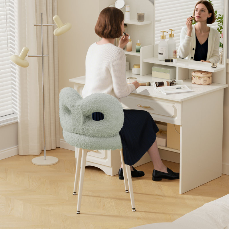 Vanity Chair With Back 17.7 Wide, White, Light Gray