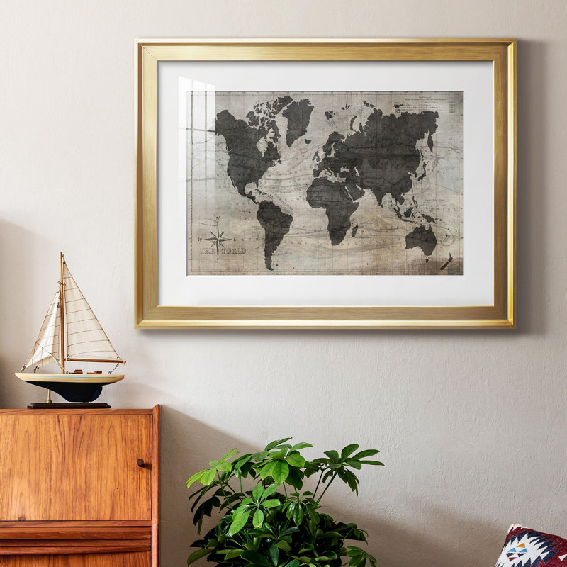 «World Map», reproduction encadrée de qualité supérieure - prête à être accrochée, Cadre doré, H 18,5 po x l 24,5 po x P 1 po