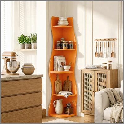 5-Tier S-Shaped Corner Shelf, Modern Freestanding Curved Display Rack, Space-Saving Corner Bookshelf Plant Stand for Living Room, Bedroom, Bathroom, Home Office