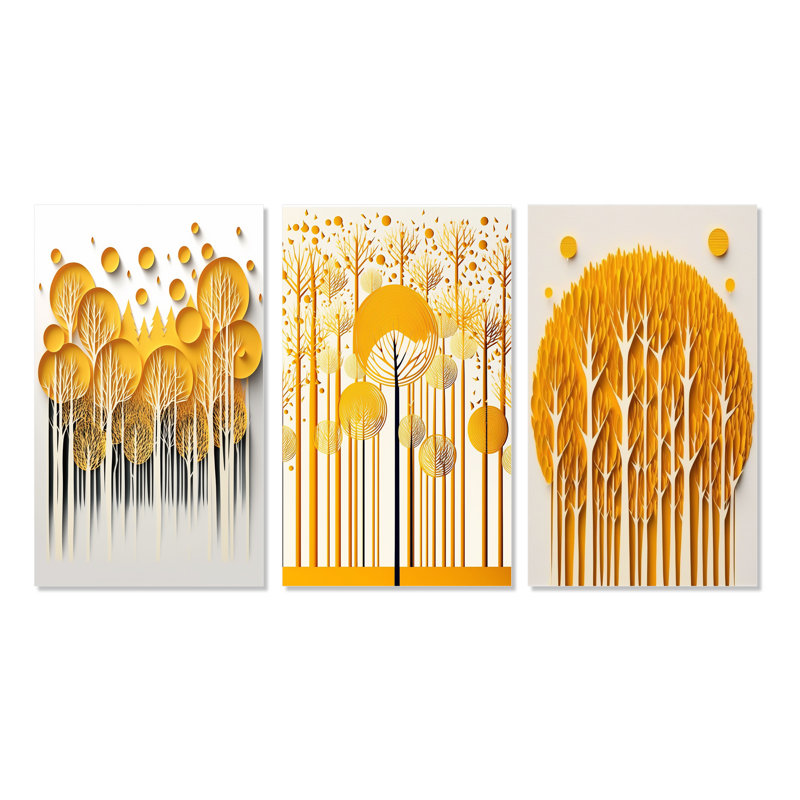 «Abstract Yellow Forest Quill Minimalisme II», 3 pièces, Toile tendue, H 36 po x l 20 po