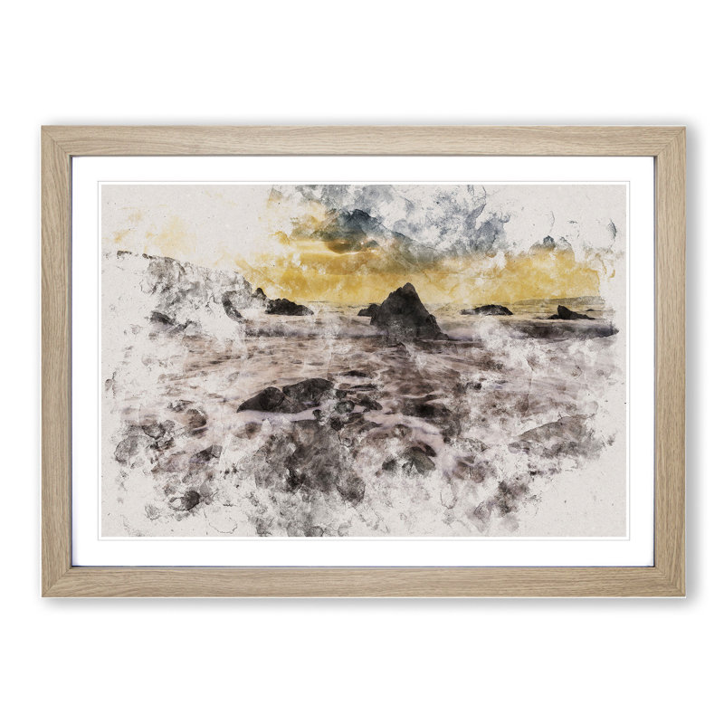 Beach and Rocks Watercolour - Picture Frame Graphic Art, Oak, 65cm H x 90cm W x 2cm D