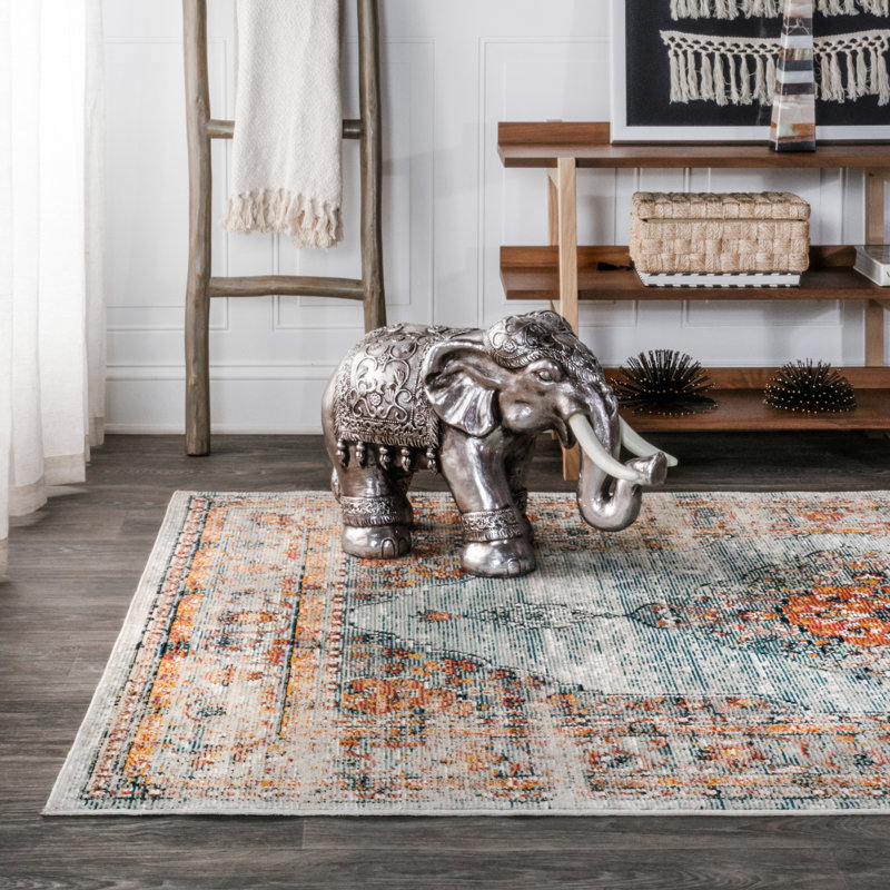 Tapis corail / turquoise à motif de médaillon rétro Stewartville, Rectangle 4 pi x 6 pi