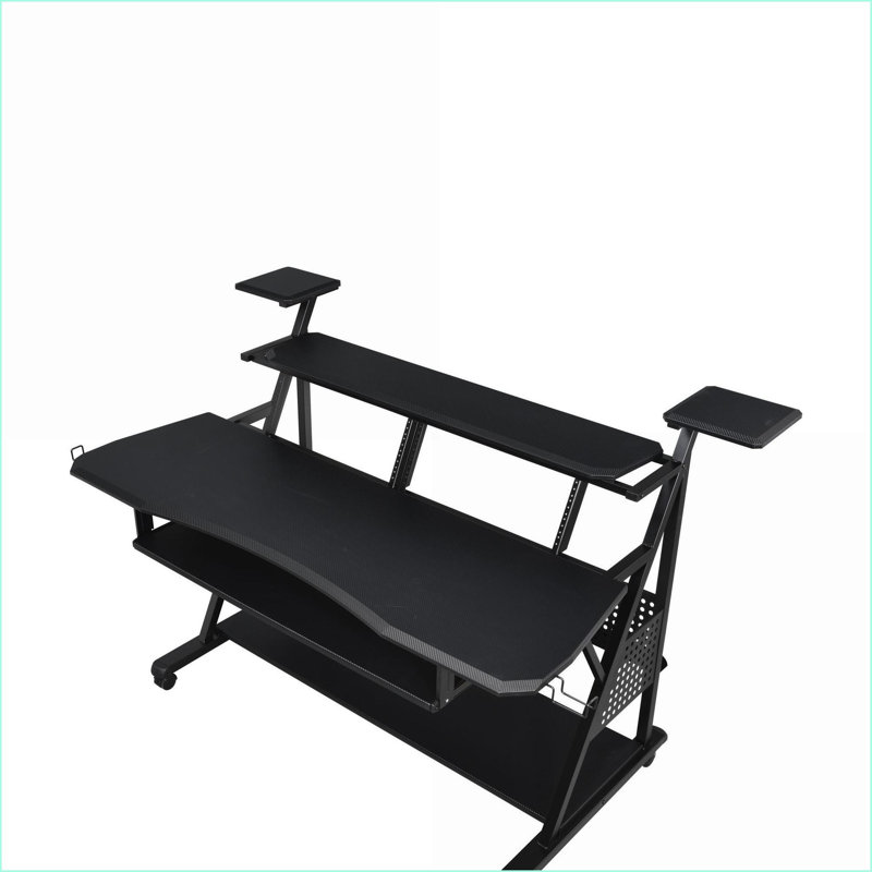 Bureau de musique avec plateau à clavier et amp; Tablettes pour haut-parleurs | Finition noire | Bois synthétique