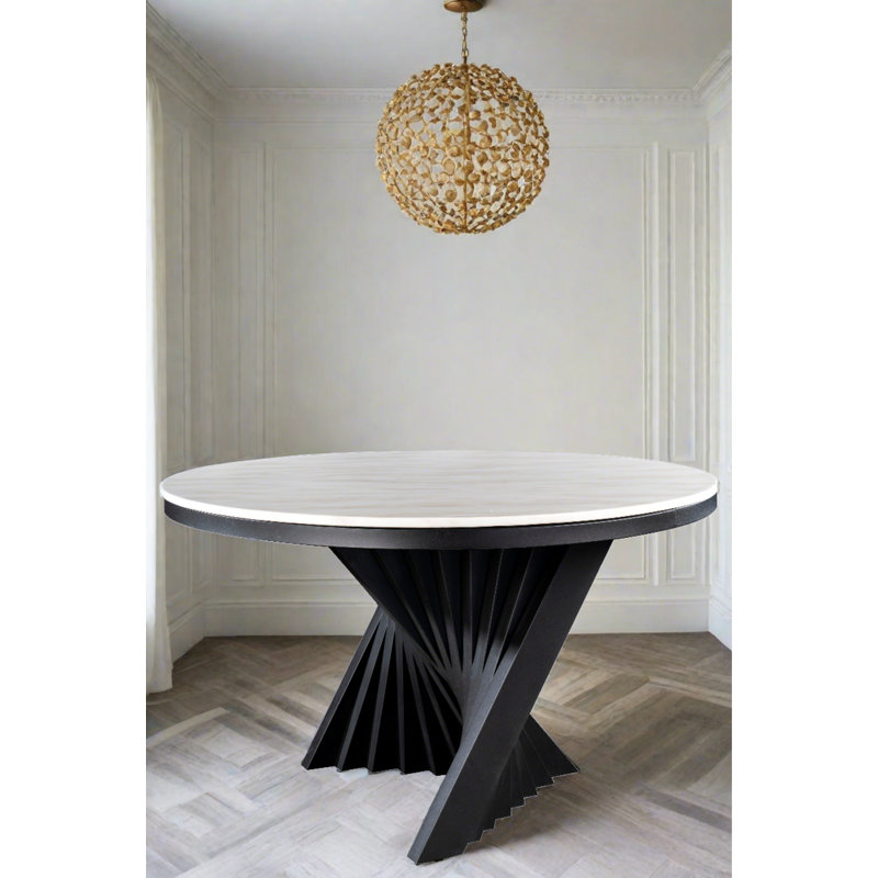 Harvin Round Marble Dining Table with Sculptural Unique Base – Modern Waterfall Design for Contemporary Dining Spaces, Black