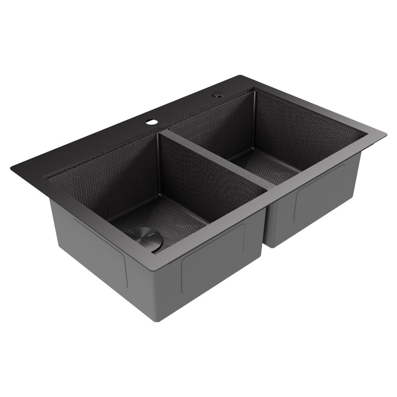 Karran Matrix 33" Top Mount Workstation 16 Gauge Double Bowl Stainless Steel Kitchen Sink in Gunmetal Grey with Accessories