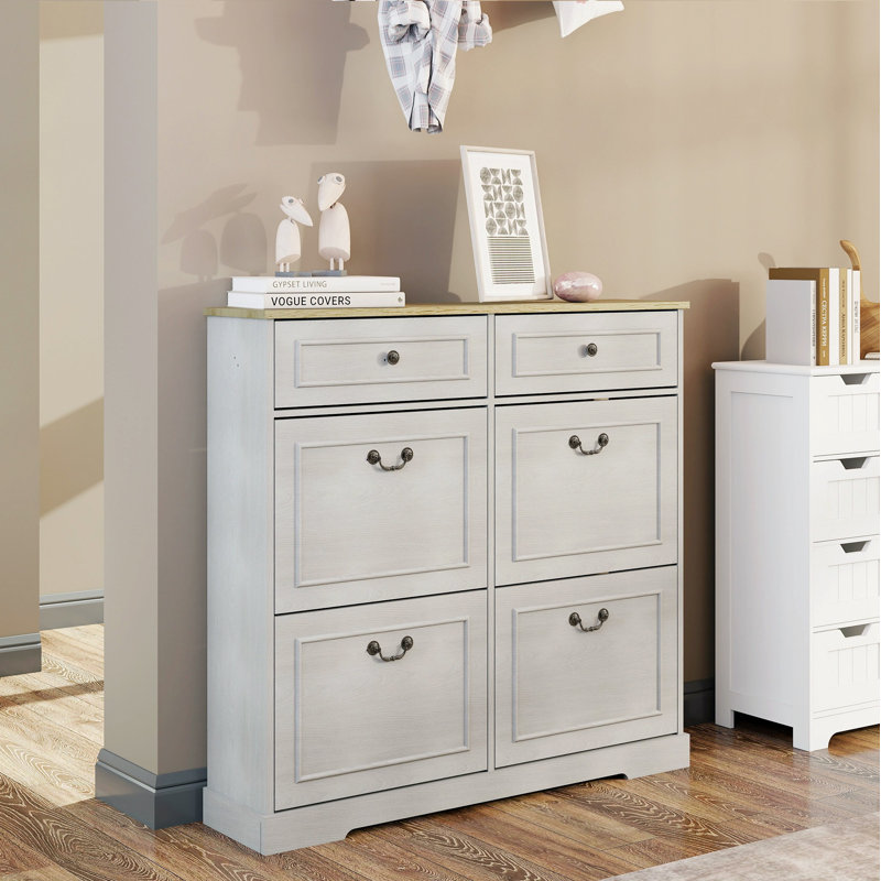 Range-chaussures avec 2 tiroirs, 4 tiroirs rabattables, range-chaussures autoportant avec tablette réglable, range-chaussures pour vestibule, vestibule, range-chaussures mince - blanc antique