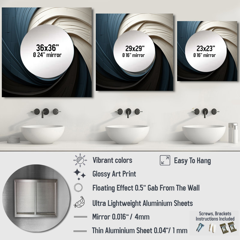 Geometric Spiral I - Abstract Spirals Square Mirror Wall Art For Bathroom, 23" x 23"