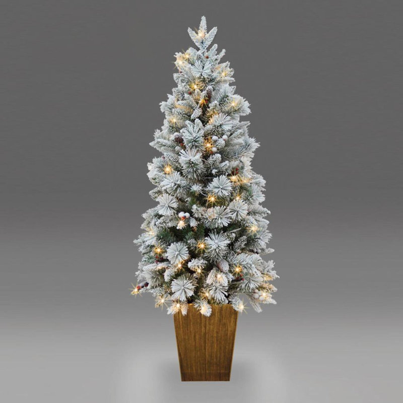 Pre-Lit Potted Snow Flocked Christmas Tree with Pine Cones, Red Berries and Warm White LEDs, 5 ft.