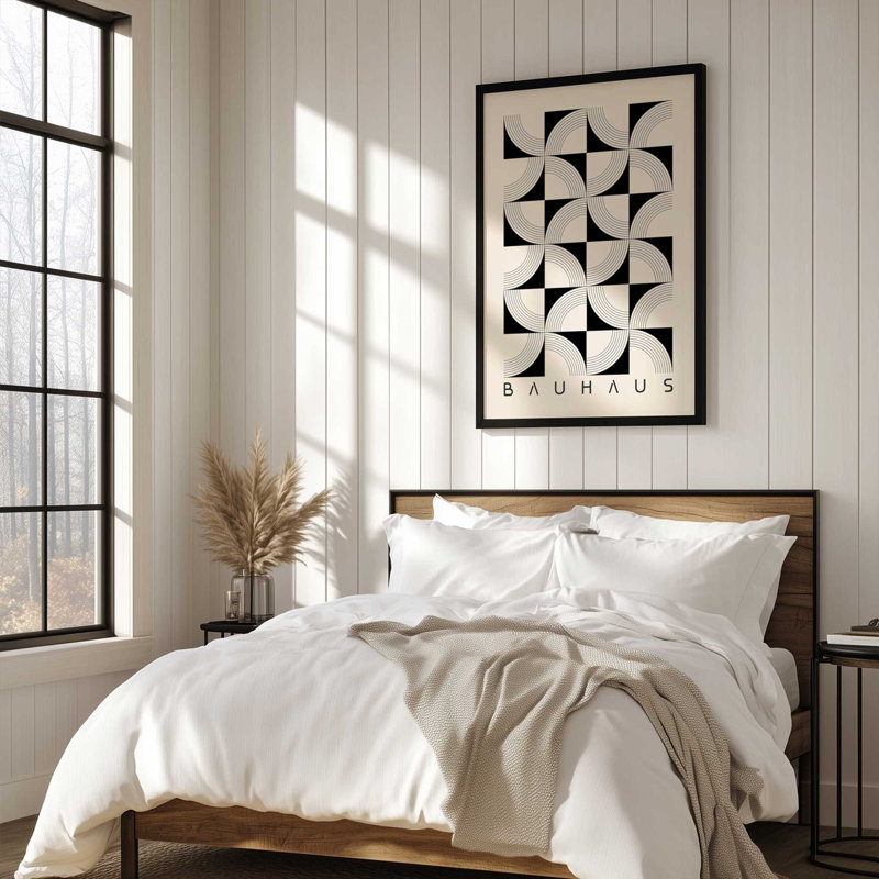 Motif de quadrillage abstrait symétrique Bauhaus, Argent, H 15,25 po x l 12,25 po
