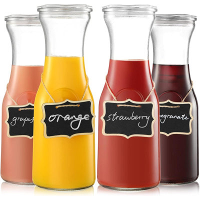 Set Of 4 Glass Carafe With Lid 1 Litre Beverage Carafe Clear Glass Pitcher For Mimosa Bar Brunch Cold Water Juice Milk Iced Tea Lemonade