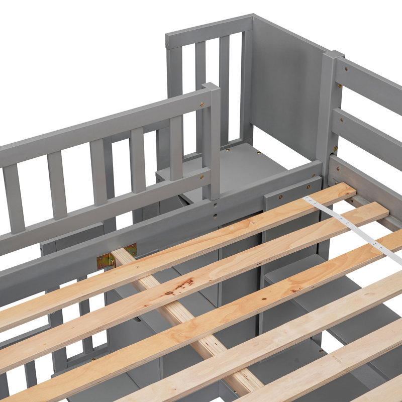 Lit mezzanine double avec bureau, tablettes de rangement et escalier, Gris