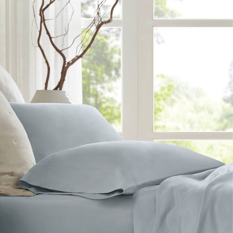 100% Egyptian Cotton Sateen Pillowcase Set, Blue, Standard Sham