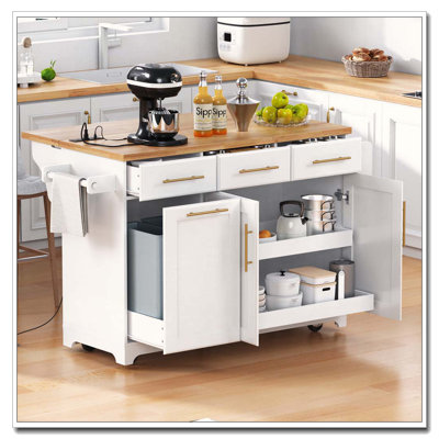 59.3" Kitchen Island with 2 Pull-Out Organizers & Trash Cabinet