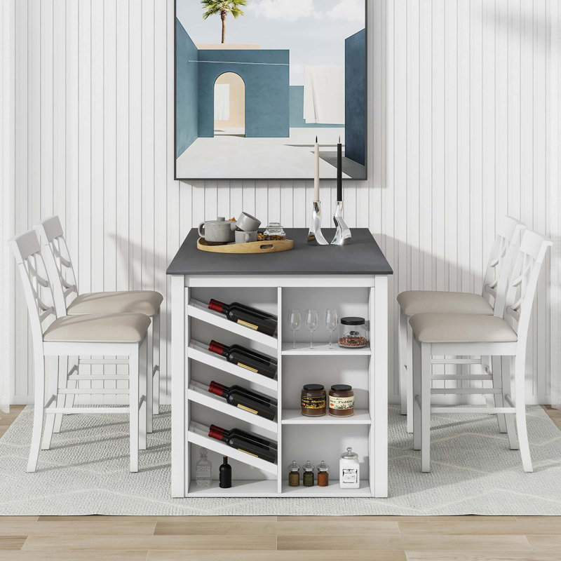 Ensemble de table de salle à manger en bois massif 5 pièces, table avec support à vin incurvé et 4 chaises rembourrées, Beige