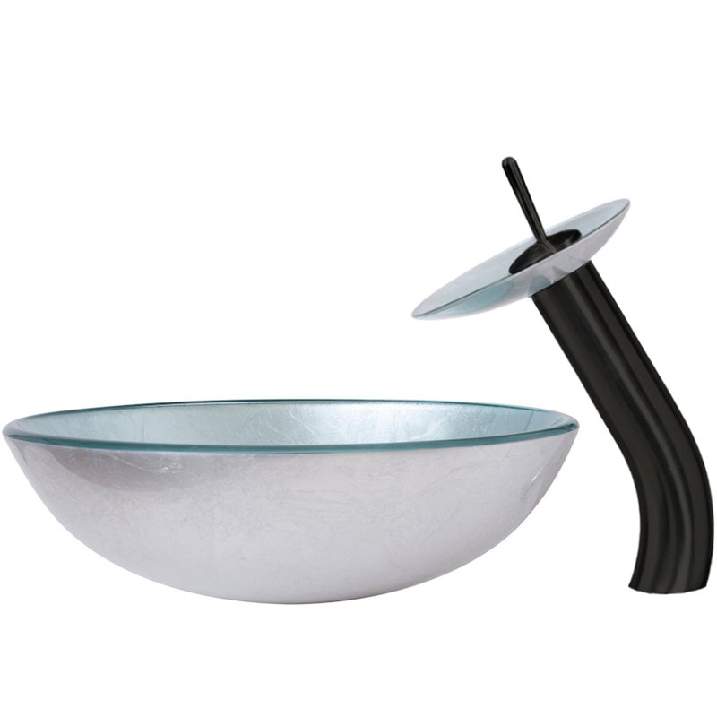 Novatto 16'' Glass Circular Bathroom Sink with Faucet, Silver