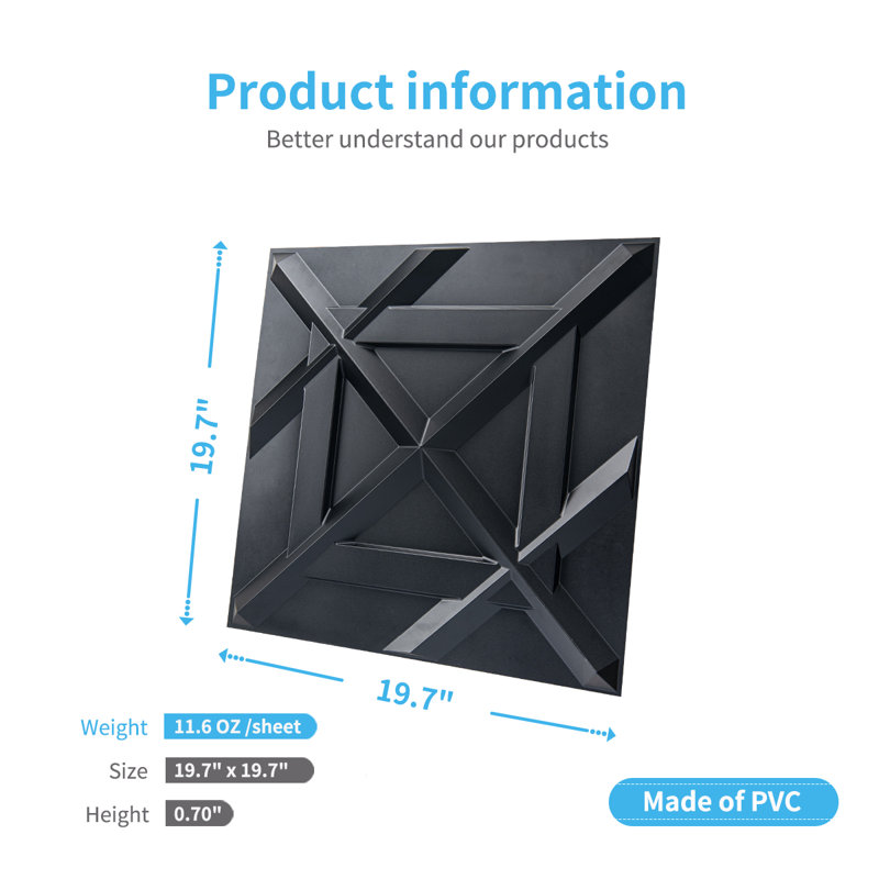 19.7" x 19.7" PVC 3D Wall Paneling,Decorative Wall Tile for Interior Decor (32 Sq.ft./Case)), Black