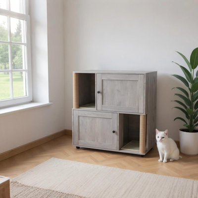Double bac à litière pour 2 chats - armoire en bois à 2 niveaux avec poteaux à griffer et tapis, salle de bain / lit d'angle pour chat