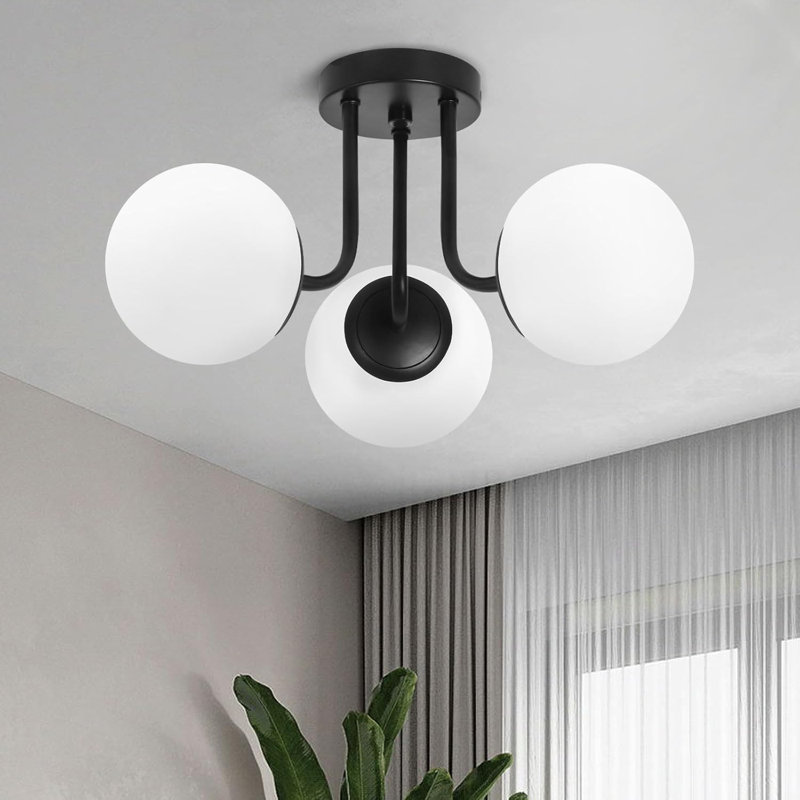 Matte Black 3-Light Semi Flush Mount Ceiling Fixture with Milk Glass Globes