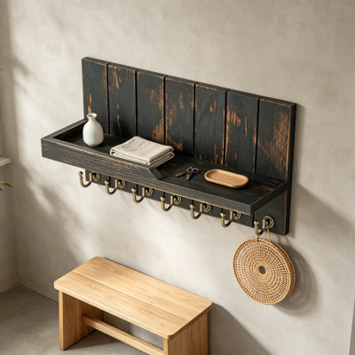 Porte-clés mural avec tablette, porte-clés en bois patiné pour le vestibule, organisateur de décoration de maison de campagne avec crochets pour clés, courrier et petits objets
