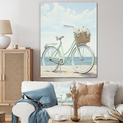Vélo rétro bleu avec panier sur la plage sur toile