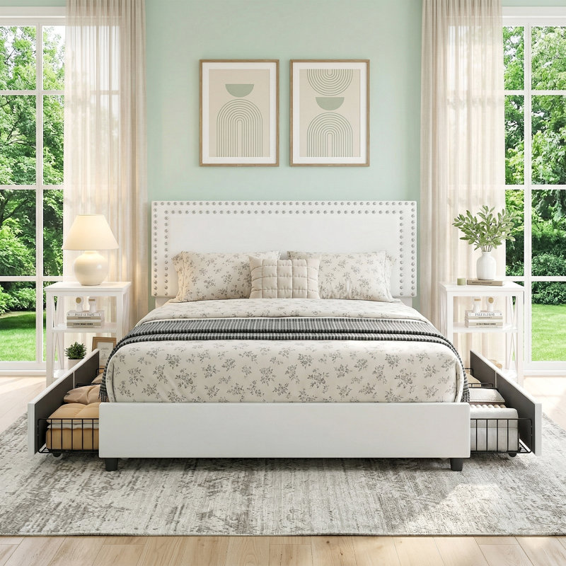 Storage Bed With 4 Drawers And 3-Tier Nightstand Bedroom Set Platform Velvet Bed With Under-Bed Storage, Modern Upholstered Bed Set