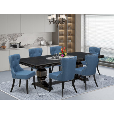 Ensemble de table de salle à manger 7 pièces composé d'une table de salle à manger et de 6 chaises rembourrées en tissu de lin bleu avec dossier capitonné - Finition sable