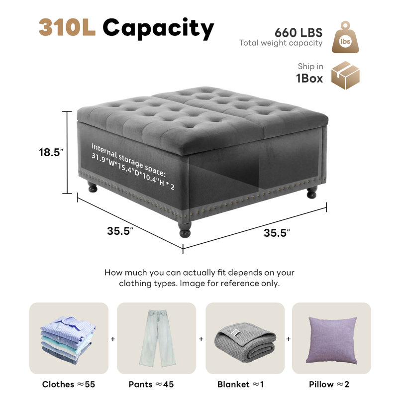 Delmontez 35.5'' Upholstered Storage Square Ottoman, Gray Velvet