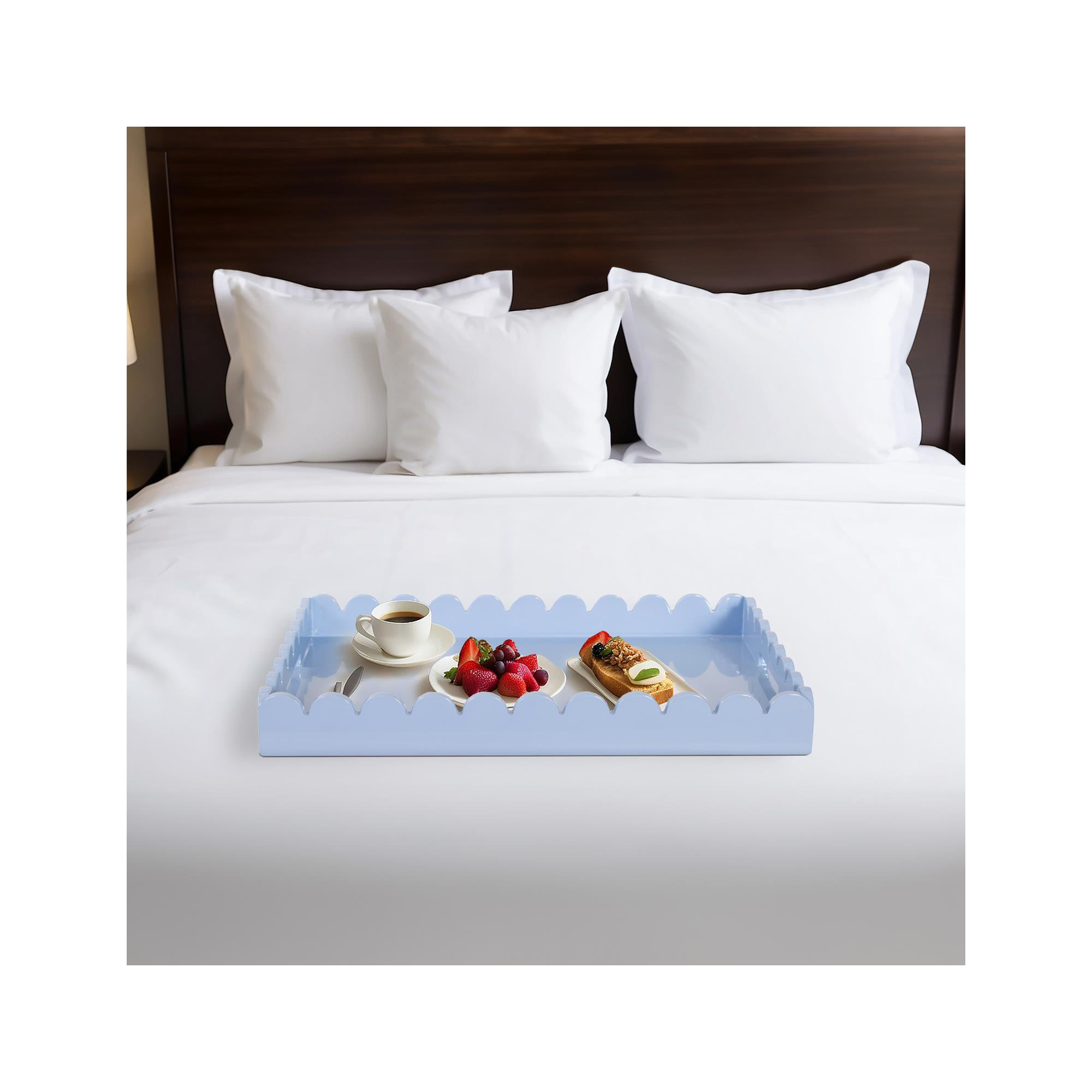 Hindley Hand-Crafted Rectangular Scalloped Wood Tray, Light Blue