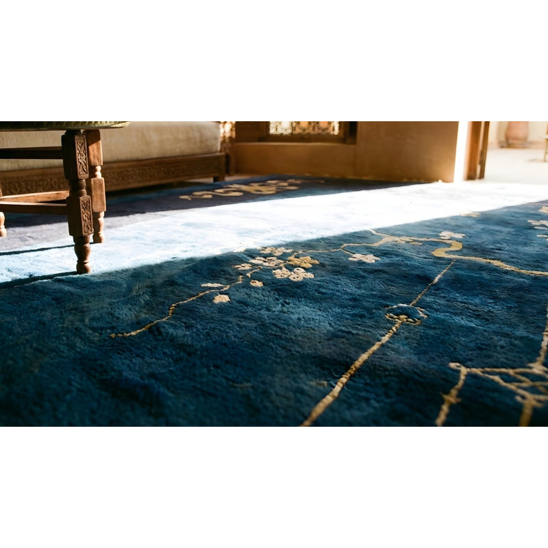 Tapis bleu antique rectangulaire en laine noué à la main de pièce de style chinois des années 1920